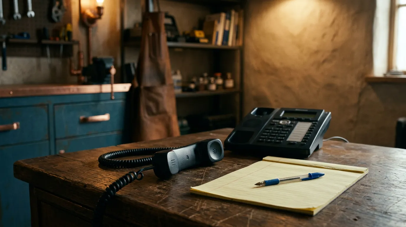 An unanswered office handset off the hook beside a blank legal pad on a shop desk.